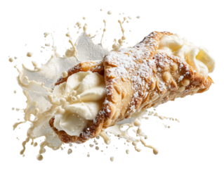 A delightful Cannoli pastry with a creamy filling and a splash of sweet creamy milk. This appetizing dessert will leave you wanting more!