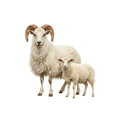 Obraz premium Adult Ram and Lamb, Fluffy White Sheep Duo, Isolated on Transparent Background