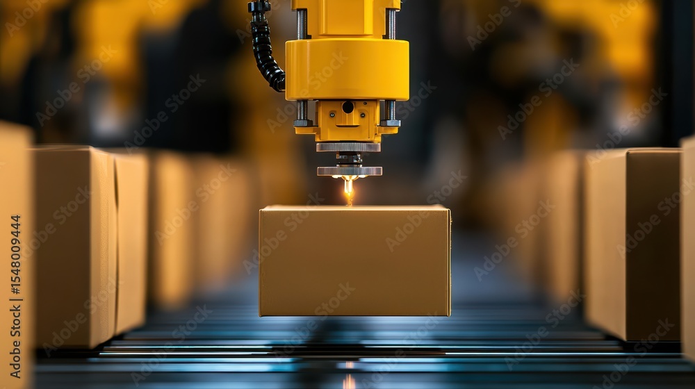 Poster advanced automation in warehouse with robotic arm handling packages and boxes efficiently