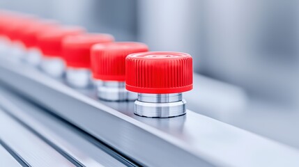 Close-Up of Industrial Control Buttons on a Metal Panel Featuring Red Caps for Enhanced Operation Safety and Accessibility