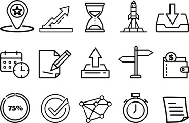 Business and productivity line icons set including charts, goals, and time management tools