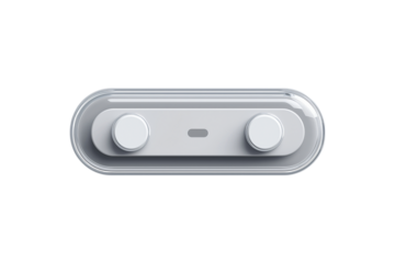 A sleek, modern speaker with two knobs. It presents a minimalist design, perfect for technology or product visuals