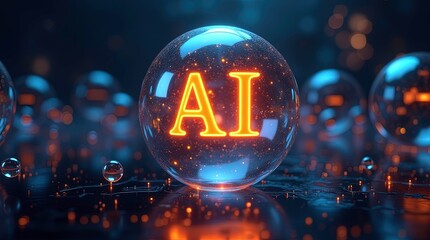 Stock banner technology based on data science and innovation is used in Internet cyberspace by a round ball with AI text.