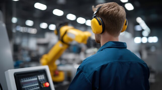 Focused factory worker operates a yellow robotic arm wearing safety headphones in a bright modern factory emphasizing industrial automation and technology