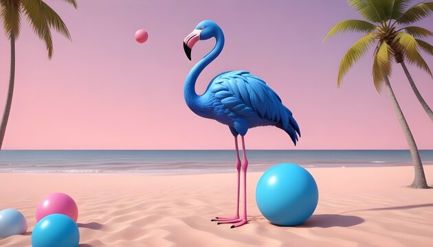 A blue flamingo enjoys a playful day on a tropical beach with vibrant colors and scenic beauty.