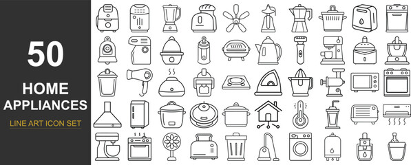 50 Minimal Line Art Icons of Household and Kitchen Appliances Featuring Washing Machines, Coffee Makers, Air Conditioners, and Modern Smart Devices for Digital Products and Infographics