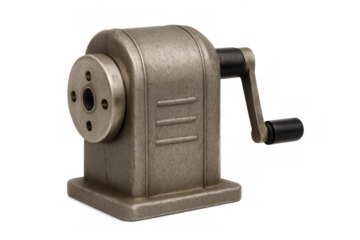 Vintage metal pencil sharpener with rotating handle on transparent background