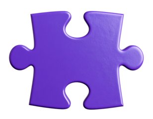 3D Purple Puzzle Piece with Rounded Edges and Glossy Finish, Isolated on Transparent Background
