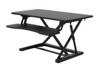 Height adjustable standing desk converter providing ergonomic workspace on transparent background