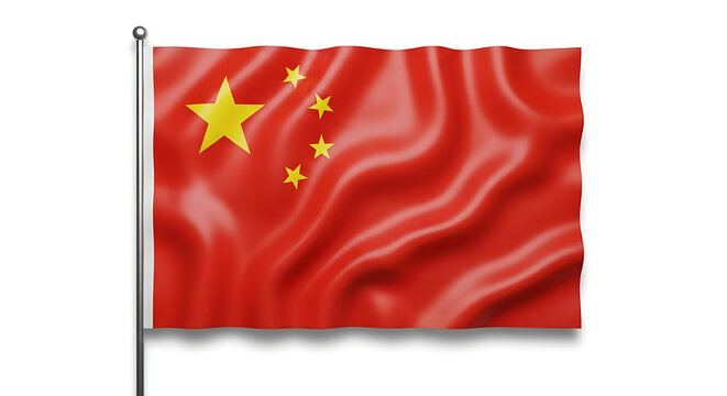 Red flag with five yellow stars arranged in a pattern on the left, symbolizing unity, attached to a silver pole, waving with a realistic texture in a gentle breeze