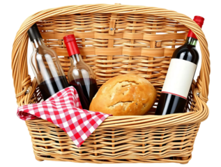 Bread and empty red wine bottles on picnic basket with red gingham napkin isolated on transparent background
