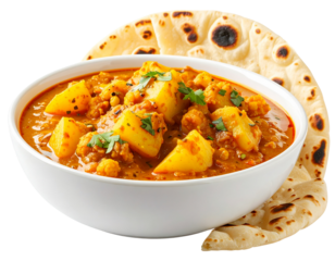  Angled Close-Up of Aloo Gobi in White Ceramic Bowl with Roti Pieces on the Side, Isolated on Transparent Background