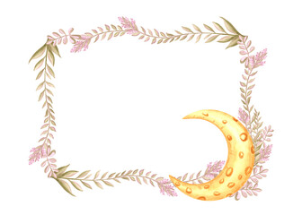 Fototapeta premium Crescent moon with wild flowers twigs watercolor illustration. Spring horizontal frame with moon phase. Template postcard with copy space. Purple blossom plant of spring. Botanical floral background.
