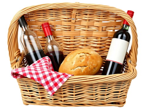 Bread and empty red wine bottles on picnic basket with red gingham napkin isolated on transparent background