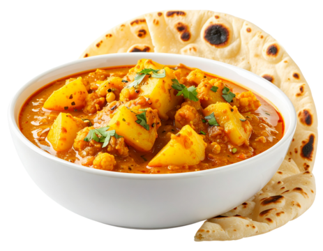  Angled Close-Up of Aloo Gobi in White Ceramic Bowl with Roti Pieces on the Side, Isolated on Transparent Background