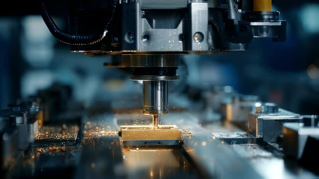 Modern cnc milling machine processing metal detail with coolant, highlighting precision and innovation in industrial manufacturing and showcasing advanced technology in machining and fabrication