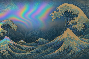 Holographic Japanese Wave Art, Abstract Ocean with Gold Accents, Futuristic Hokusai Inspired Background.