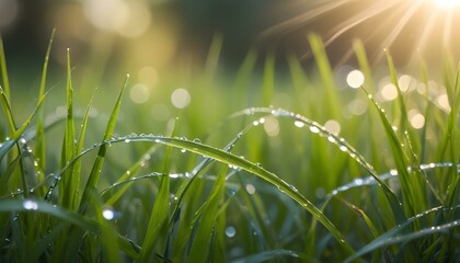 Close-up view of dewy grass with sunlight, creating a peaceful and fresh scene.