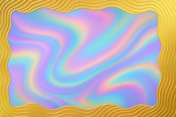 Luxury Pastel Holographic Frame with Gold Wave Border, Abstract Background.