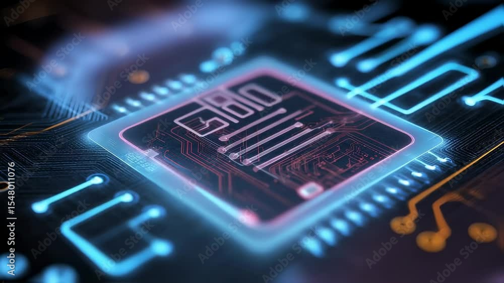Poster complex integrated circuit illuminating with vibrant colors, symbolizing advanced computing, data pr