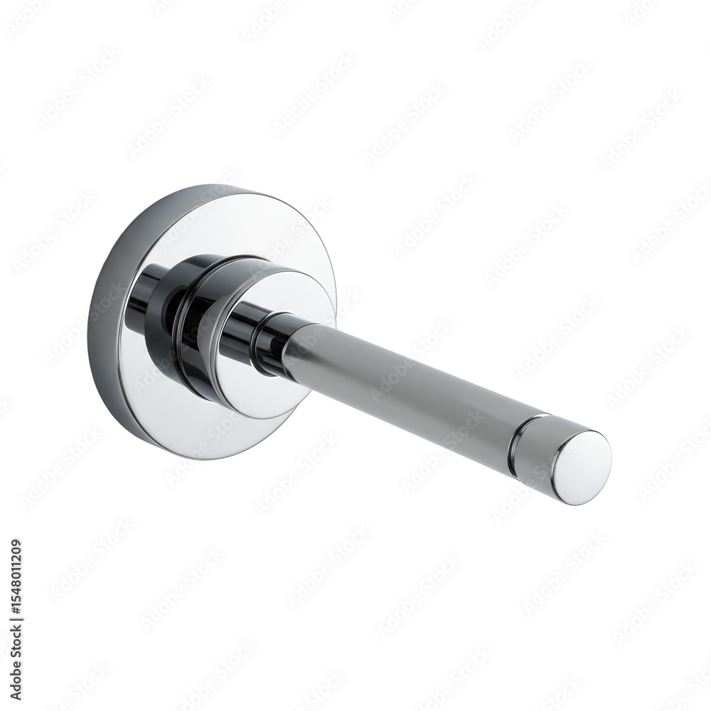 Poster a pristine, polished chrome modern toilet flush lever handle with a sleek, minimalist design and cir