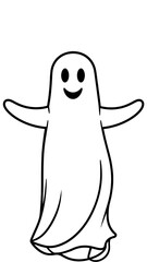Obraz premium A funny, cute ghost cartoon illustration with a happy smiling baby black and white dog character drawing for Halloween