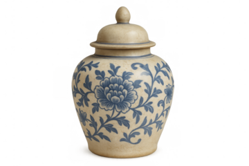 Elegant ceramic ginger jar with blue floral design on transparent background