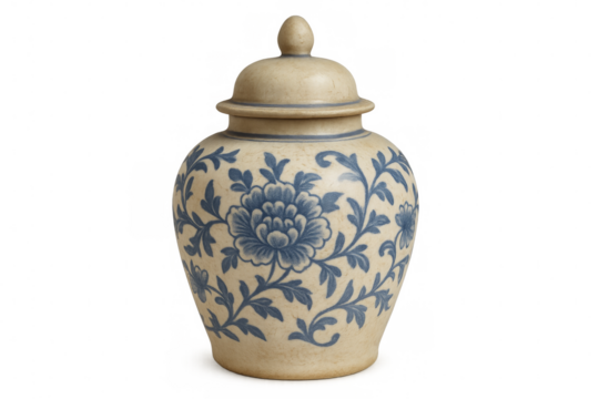 Elegant ceramic ginger jar with blue floral design on transparent background