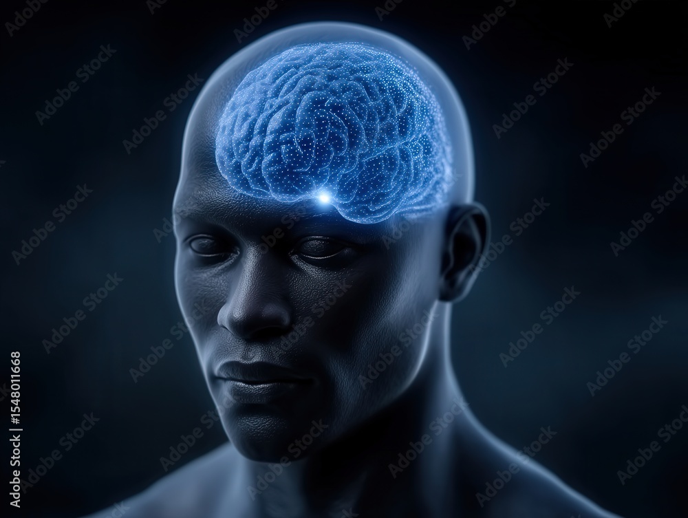 Poster human head with an illuminated blue brain showcasing complex neural networks and vibrant connections
