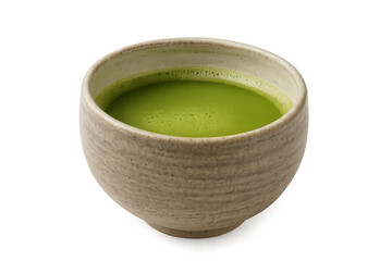 Steaming matcha green tea in traditional japanese bowl on transparent background