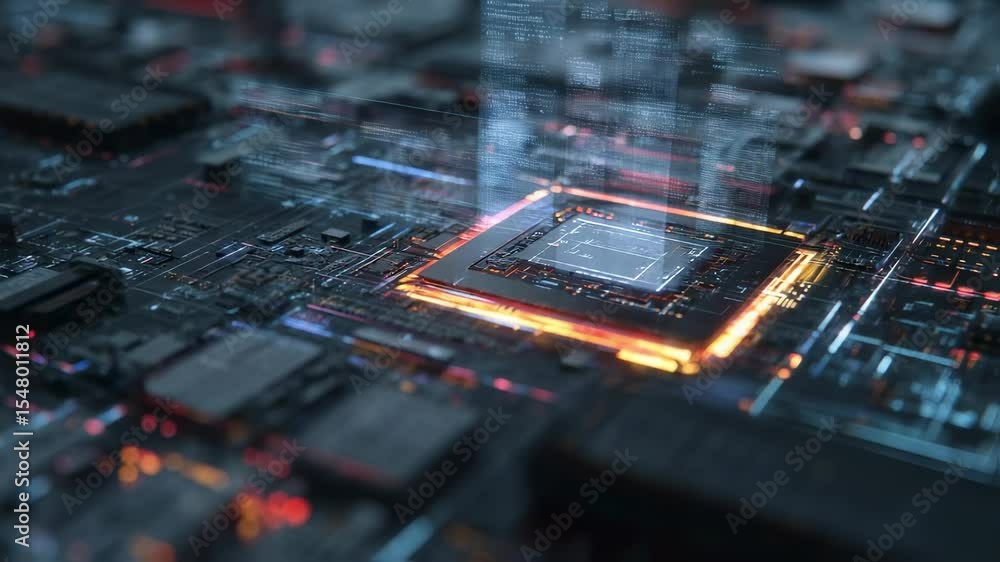 Aufkleber futuristic quantum processor transferring data with light trails and code, representing innovation i