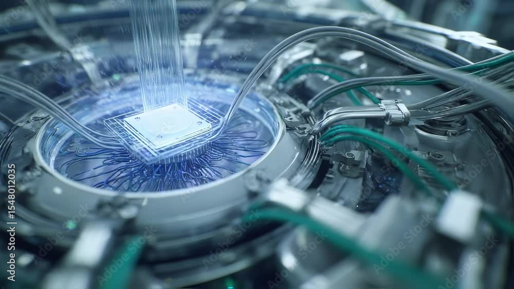 Poster futuristic quantum computer processing vast amounts of data through advanced optical fiber cables, i