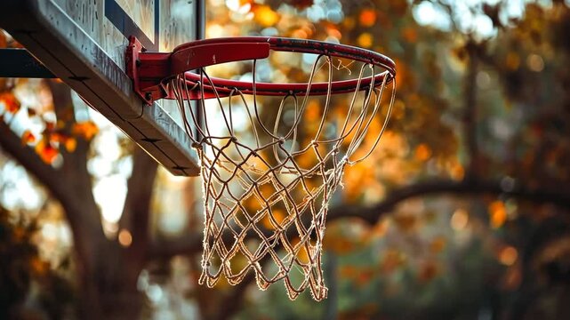 Basketball hoop with worn net hanging from a backboard with an autumnal backdrop of colorful leaves and bokeh providing a nostalgic and serene atmosphere