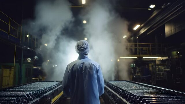 Food engineer wearing protective clothing supervising steaming production line inside a beverage bottling factory, ensuring quality control and efficient manufacturing processes