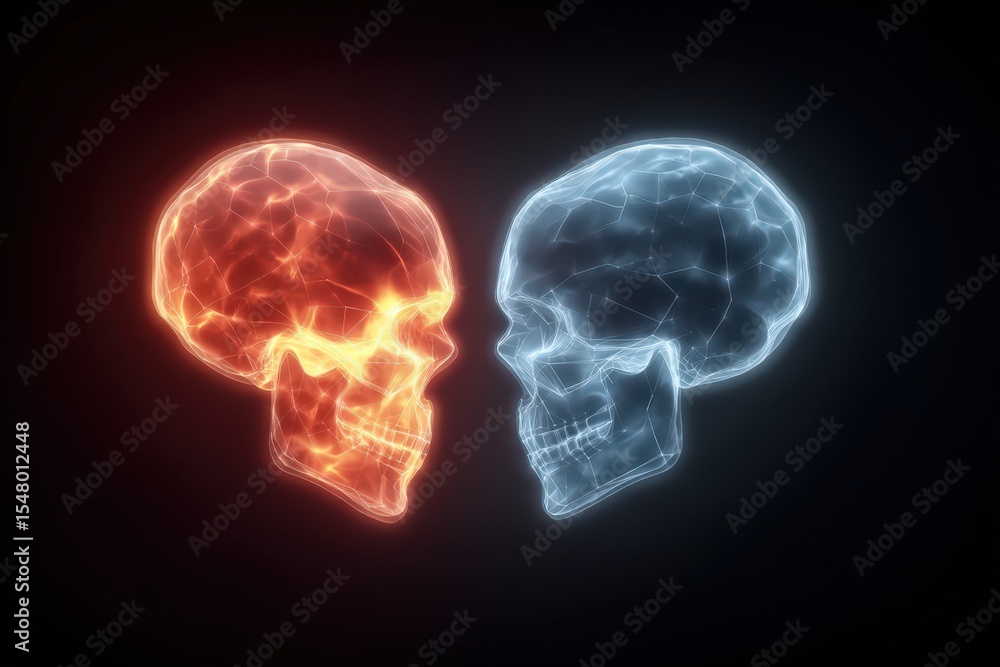 Aufkleber two interconnected digital skulls illuminated in fiery orange and cool blue hues create a striking c