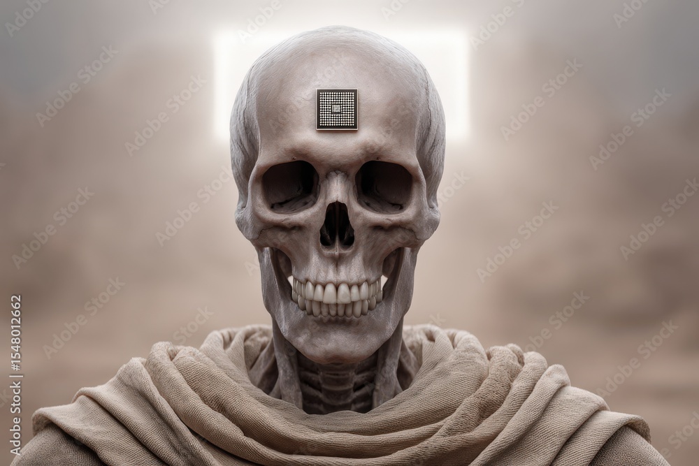 Poster skull with a microchip integrated into its forehead representing the intersection of death and techn