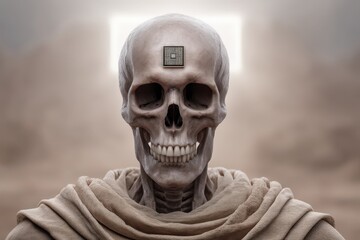 Skull with a Microchip Integrated into Its Forehead Representing the Intersection of Death and Technology in a Surreal Concept Expressing a Futuristic Perspective on Humanity