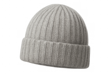 Warm gray knitted winter beanie hat isolated on transparent background