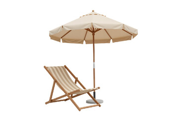 Minimalist Beach Umbrella and Chair Design Representing Relaxing Summer Vacation Scene, Coastal Holiday Vibes, Isolated on Transparent Background PNG