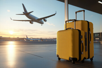 Suitcases at an airport terminal with a plane taking off in the background during sunrise