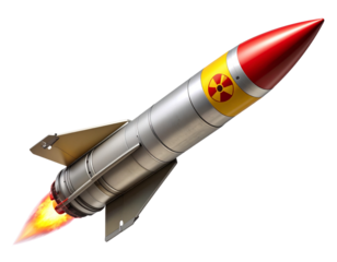 Angled View of Guided Missile Rocket with Red Warning Markings and Nuclear Warhead Section, Isolated on Transparent Background