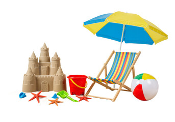 PNG Beach Fun Summer Vacation Essentials Set with Sunscreen, Sunglasses, Flip-Flops, Beach Ball, and Towels on Transparent Background