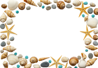 Seashells Frame Border Design Featuring Assorted Ocean Shells Arranged Aesthetically for Summer Decor, Isolated on Transparent Background PNG