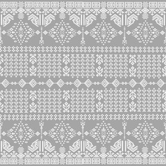 Traditional Geometric Textile Pattern with Ethnic Motifs, Folk Art Borders, and Symmetrical Ornamental Stitch Designs