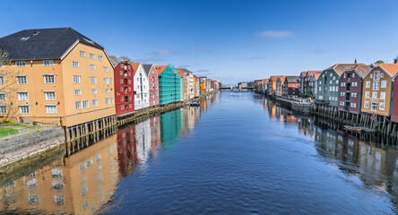 Scenic Riverside Cityscape with Historic Bridge and Charming Colorful Buildings, Trondheim, Norway