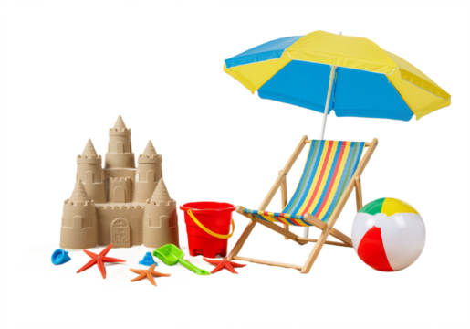 PNG Beach Fun Summer Vacation Essentials Set with Sunscreen, Sunglasses, Flip-Flops, Beach Ball, and Towels on Transparent Background