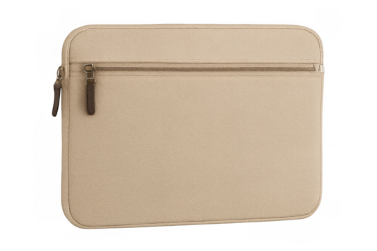 Beige laptop sleeve with zipper pocket on transparent background