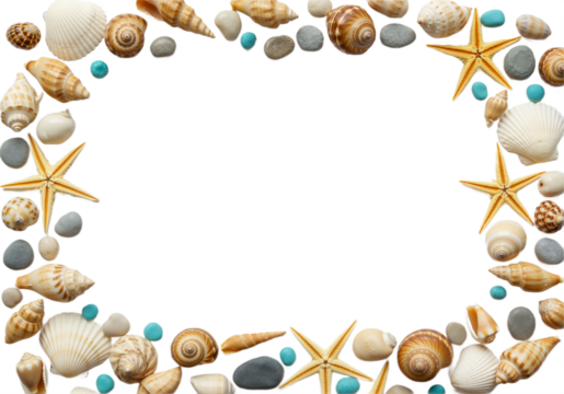 Seashells Frame Border Design Featuring Assorted Ocean Shells Arranged Aesthetically for Summer Decor, Isolated on Transparent Background PNG
