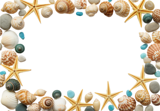 Seashells Frame Border Design Featuring Assorted Ocean Shells Arranged Aesthetically for Summer Decor, Isolated on Transparent Background PNG