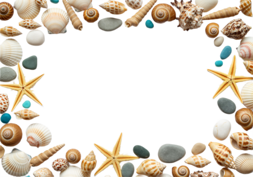 Seashells Frame Border Design Featuring Assorted Ocean Shells Arranged Aesthetically for Summer Decor, Isolated on Transparent Background PNG